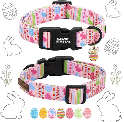 Elegant little tail Easter Dog Collar,Pink Bunny Print Spring Pet Collars Dog Cotton Soft Sturdy Puppy Collars Female or Male Adjustable Collar for Small Medium Large Dogs
