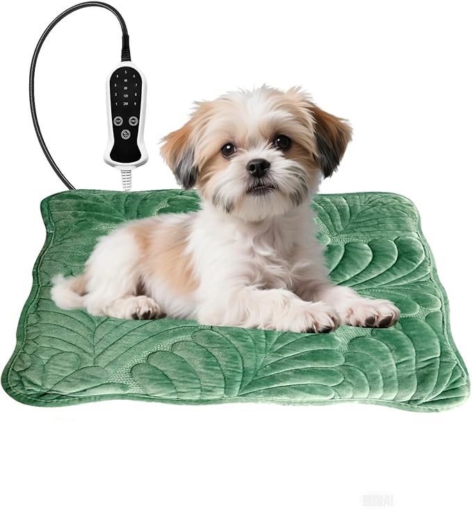 Quwzayail Pet Heating Pad for Cats Dog, Waterproof, 9 Gears and time Settings Switch, Adjustable Heated Cat Bed, Adding Wire Rope Wires Cat Warming (18.0" Lx 18.0" W x 0.5" Th, Green)