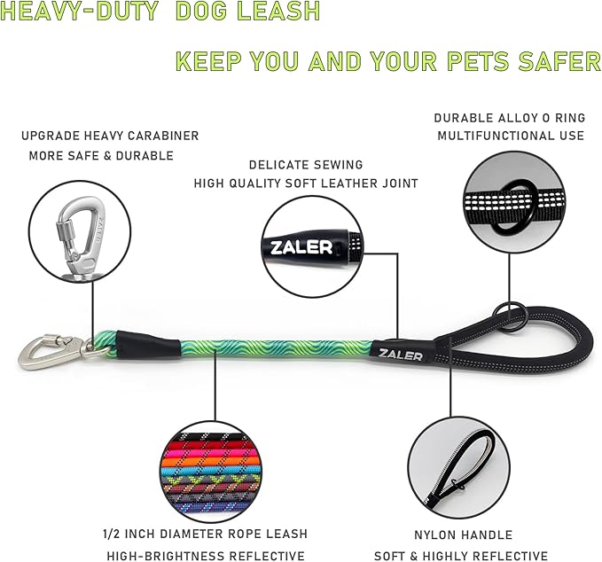 ZALER Short Dog Leash, 18 Inches Rope Traffic Leashes for Dogs, Reflective Dog Lead with O-Ring, Heavy Duty Pet Leash for Large and Medium Dogs (18'' Blue Green)