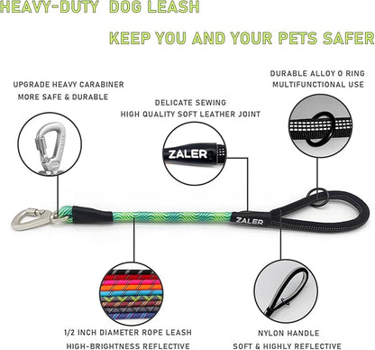 ZALER Short Dog Leash, 18 Inches Rope Traffic Leashes for Dogs, Reflective Dog Lead with O-Ring, Heavy Duty Pet Leash for Large and Medium Dogs (18'' Blue Green)
