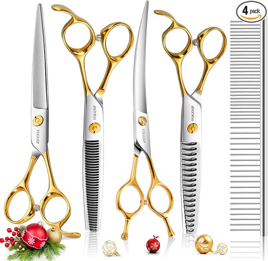 Dog Grooming Scissors Kit 4pcs 7 inch Professional Dog Grooming Shears Set Curved Thinning Straight Chunkers for Dogs Cat Pets (7 in Kit, Gold)