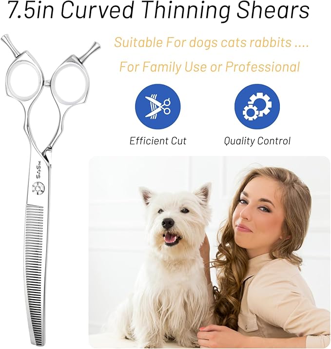 7.5in Curved Thinner Dog Grooming Scissors, 56 Teeth Professional Dog Cutting Scissors, 25 Degree Bend High-end Shears for Pet Groomers or Family Use, with Symmetric Handle, Thinning Rate 25%, Silver