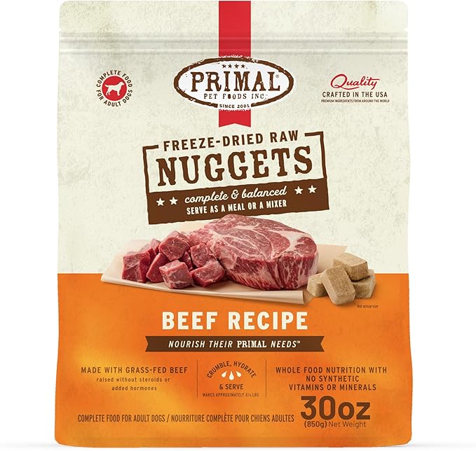 Primal Freeze Dried Raw Dog Food Nuggets, Beef, Complete & Balanced Meal, Also Use as Topper or Treat, Premium, Healthy, Grain Free, High Protein Raw Dog Food, 30 oz
