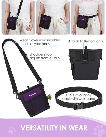 Gobeigo Dog Treat Pouch with Silicone Snack Bag, Front Pocket fits All Phones, 4 Cup Treat Bag with Training Clicker, Upgrade Stronger Magnetic Closure, 3 Ways to Wear Walking Fanny Pack (Purple)