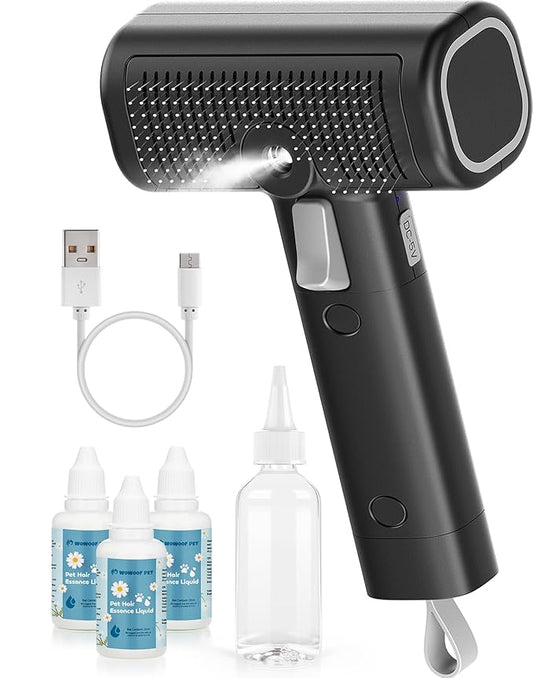 WOWOOF PET Pet Steam Brush for Dog & Cat with 3 Waterless Shampoo, Bath Shower Comb for Shedding & Grooming & Massaging Water Spray Brush for Long & Short Haired Pets Spritz Defur Comb