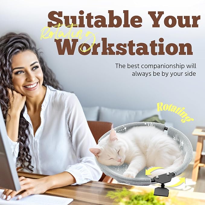 SAMAH Rotatable Cat Desk Bed, Suspended Luminous Cat Desk Hammock, Removable Faux Fur Fabric Supports Up to 30lbs, Suitable for Office Desk, Game Table, Gifts for Cats Pets