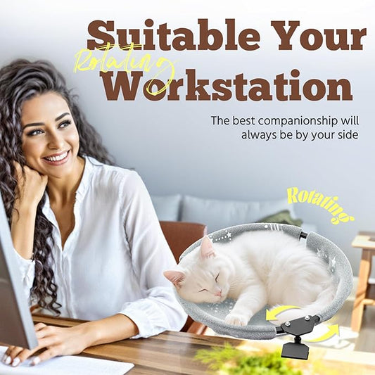 SAMAH Rotatable Cat Desk Bed, Suspended Luminous Cat Desk Hammock, Removable Faux Fur Fabric Supports Up to 30lbs, Suitable for Office Desk, Game Table, Gifts for Cats Pets