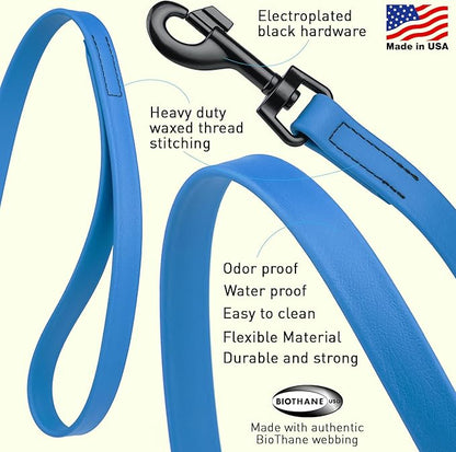 Dogline Biothane Waterproof Dog Leash Strong Coated Nylon Webbing with Black Hardware Odor-Proof Easy to Clean High Performance for Small or Large Dogs Made in USA 4 or 6 ft Lead, Cerulean Blue