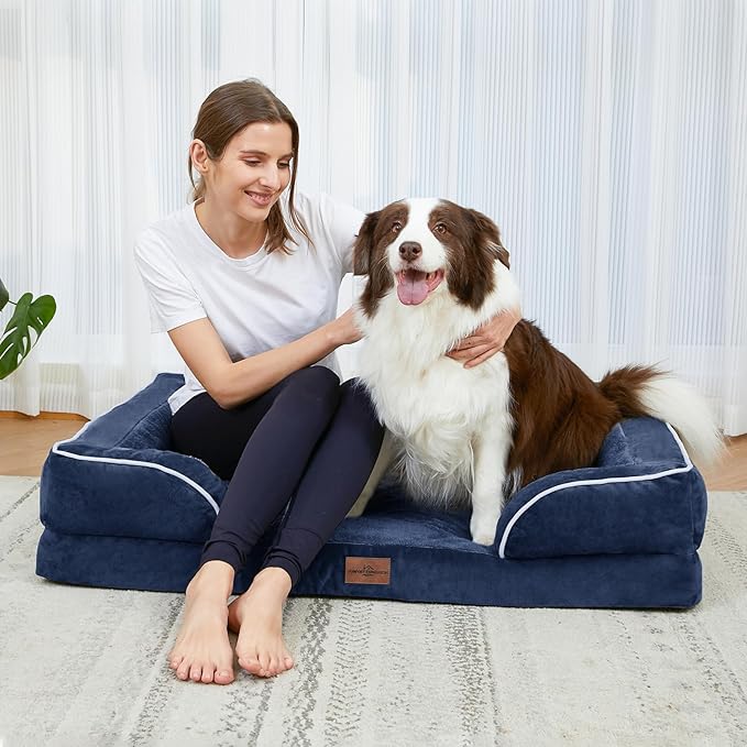 Comfort Expression Orthopedic Dog Bed for Medium Dogs 30x20 Inch, Waterproof Supportive Egg Crate Foam Medium Pet Bed with Removable Bolster, Dog Couch with Washable Cover & Non-Slip Bottom, Navy Blue