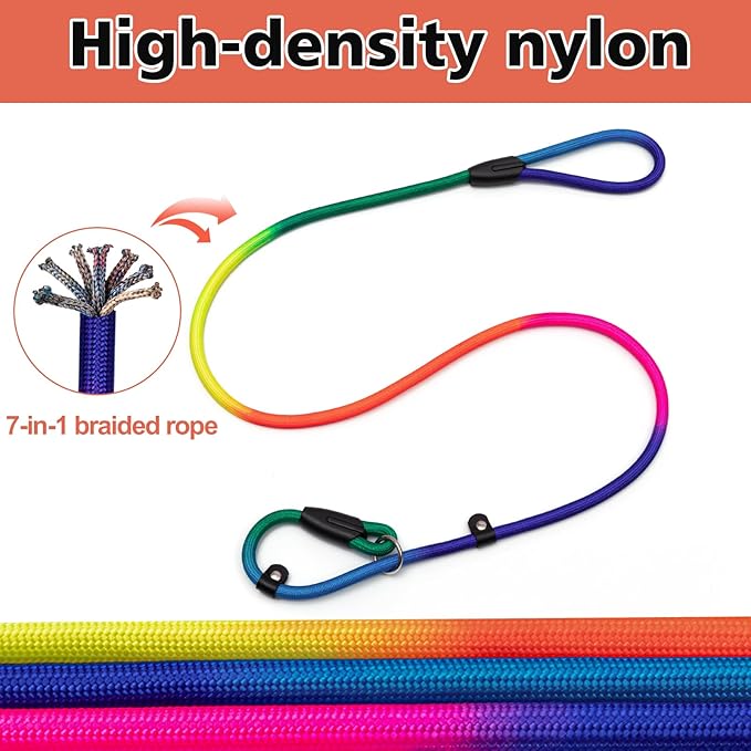 3-Pack Adjustable Rainbow Dog Slip Leads Multi-Color, 5FT Reflective Nylon – No Collar Needed, No-Pull, Ideal for Small/Medium Dogs (Training/Walking)