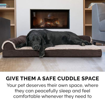 Furhaven Memory Foam Dog Bed for Large/Medium Dogs w/ Removable Bolsters & Washable Cover, For Dogs Up to 55 lbs - Two-Tone Plush Faux Fur & Suede L Shaped Chaise - Espresso, Large