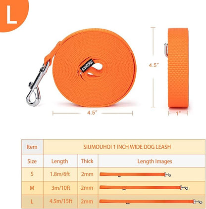 Siumouhoi Strong Durable 15ft Nylon Dog Training Leash, 1 Inch Wide Traction Rope, for Small and Medium Dog (Orange, 15 Feet)