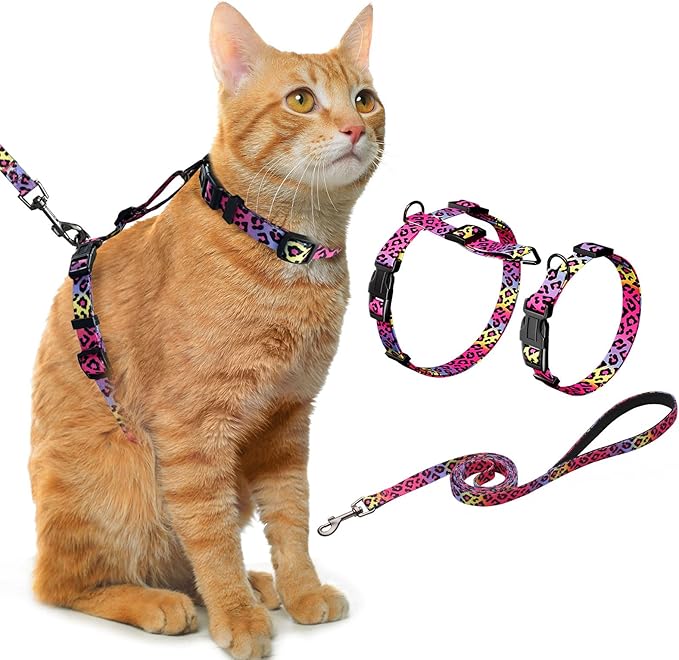 Hikiko Cat Harness and Leash Set Escape Proof Adjustable Walking Travel Soft Kitten Harness for Small Medium Large Cats (Gradient Leopard, S)