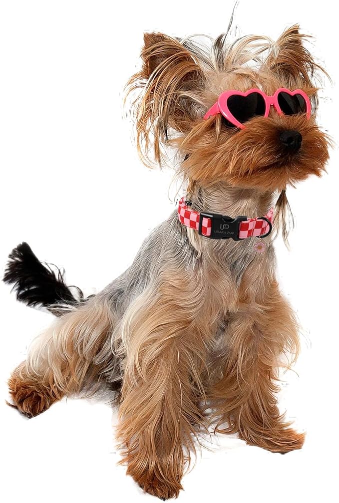 UP URARA PUP Red and Pink Plaid Dog Collarwith Bow Tie– Adjustable Red & Pink Checkered Dog Collar for Small Medium Large Dogs, Soft Xmas Plaid Puppy Collars with Quick Release Buckle S