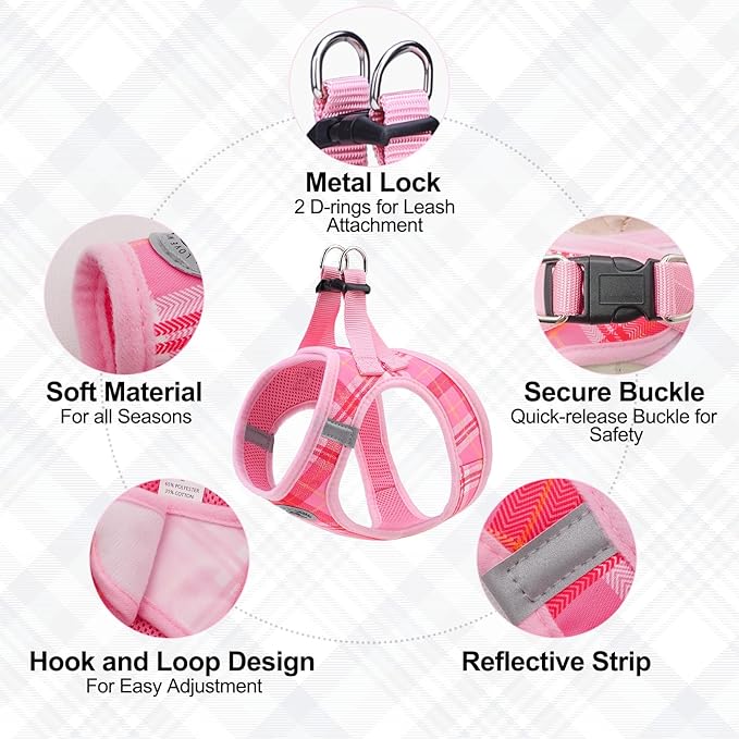 BEAUTYZOO Small Dog Harness and Leash Set, Step in No Choke No Pull Soft Mesh Dog Harnesses Reflective for Small Medium Puppy Dogs and Cats, Plaid Dog Vest Harness for S M Pets, Light Pink XXS