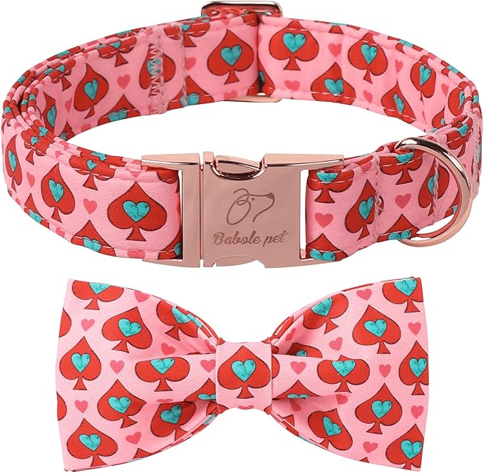 Valentines Dog Collar with Bow Tie - Spade Heart Pattern Pink Bowtie Dog Collar Adjustable Heavy Duty Valentines Dog Collars for Small Medium Large Dogs XS