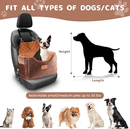 AlfaTok Memory Foam Booster Dog Car Seat with Washable Removable Cover, Elevated Pet Car Seat, Anti-Slip Sturdy Booster Seats for Small Dogs 35lbs, Seat Belt, Storage Pocket, Dog Blankets