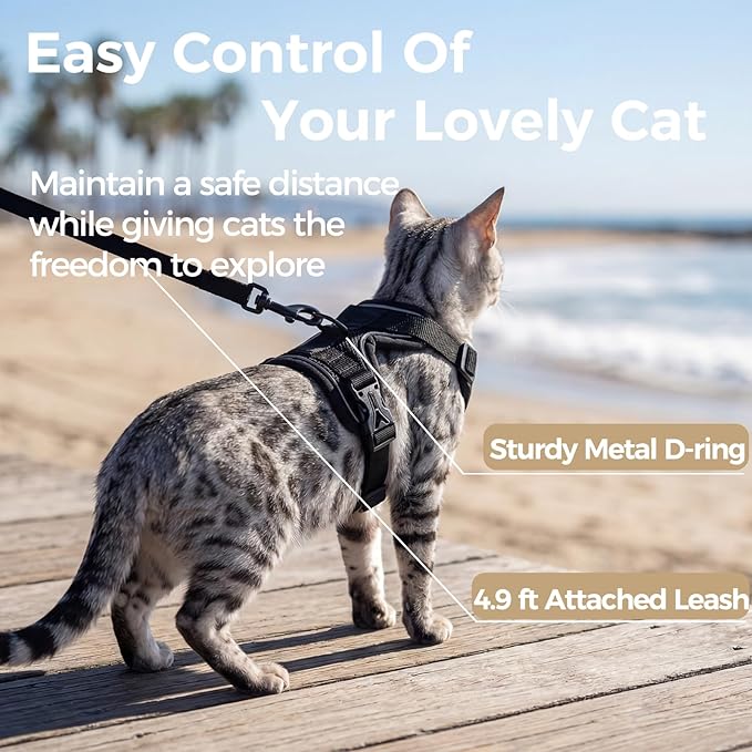 pangdi Cat Harness and Leash Set Escape Proof Tactical Large Kitten Harness Emotional Support Cat Vest, Black, L