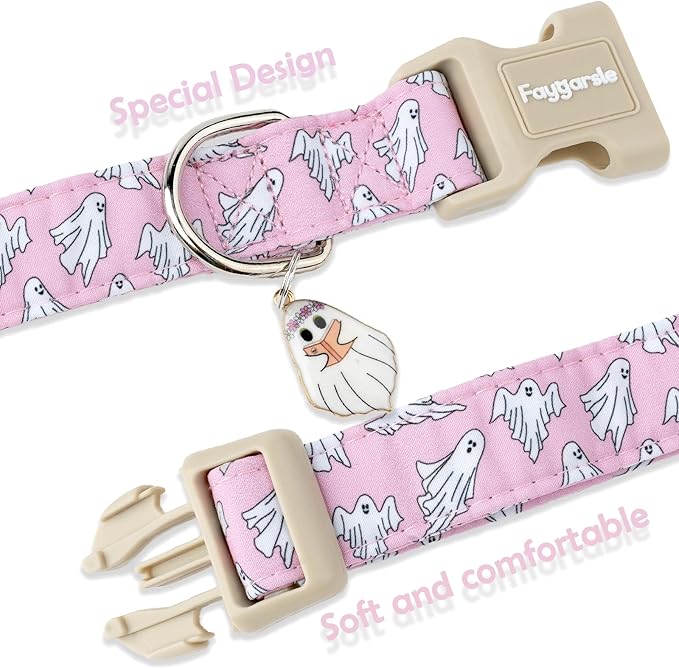 Faygarsle Pink Ghost Pattern Dog Collar with Charm, Halloween Pet Necklace, Adjustable Collar for Small Medium Large Dogs M