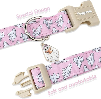 Faygarsle Pink Ghost Pattern Dog Collar with Charm, Halloween Pet Necklace, Adjustable Collar for Small Medium Large Dogs XS