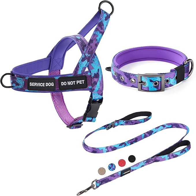 Annchwool No Pull Dog Harness,Heavy Duty Collar & Leash Set-Leash with Double Handle & Car Seatbelt Clip-Easy Control for Walking Training Medium Large Size Dogs(Camo Purple,M)