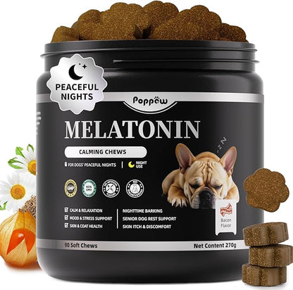 POPPAW Melatonin for Dogs, Calming Chews with Valerian Root & L-Theanine for Sleep Aid & Emotional Support, Calming Treats for Stress Anxiety Relief - Thunder, Fireworks, Barking, Bacon Flavor, 90Ct