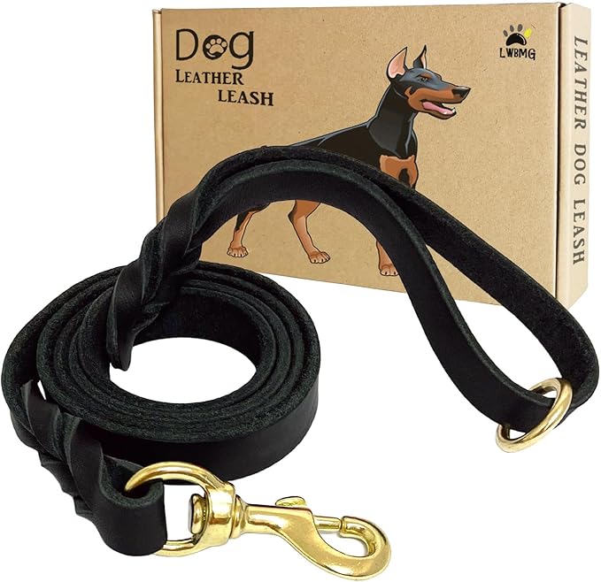 Leather Dog Leash 4ft x 3/4 inch, Heavy Duty Dog Training Leash, Strong Sturdy Genuine Leather Braided Pet Leashes, Soft and Comfortable Pet Lead for Large, Medium Dogs