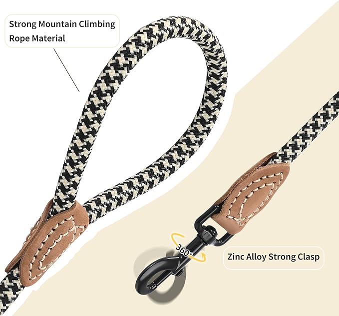 Mile High Life Rope Leash with Genuine Leather Connection, 6 FT/5 FT/4 FT, Heavy Duty Leash for Medium & Large Dogs (Black Khaki, 60 Inch)