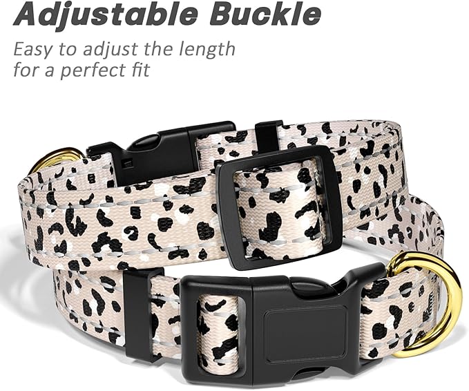Reflective Dog Collar for Extra Small Dogs, Cute Leopard Style Adjustable Heavy-Duty Nylon Puppy Collar for Boy and Girl Female, Soft Pet Accessories with Quick Release Buckle, Beige