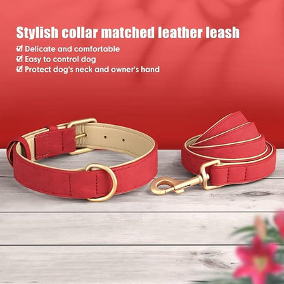 Beirui Soft Padded PU Leather Dog Collar and Leash Set, Durable Dog Leash and Collar Set with Metal Buckle, Breathable Pet Collars with 4FT Leash for Small Dogs（Red, Neck 11-15"