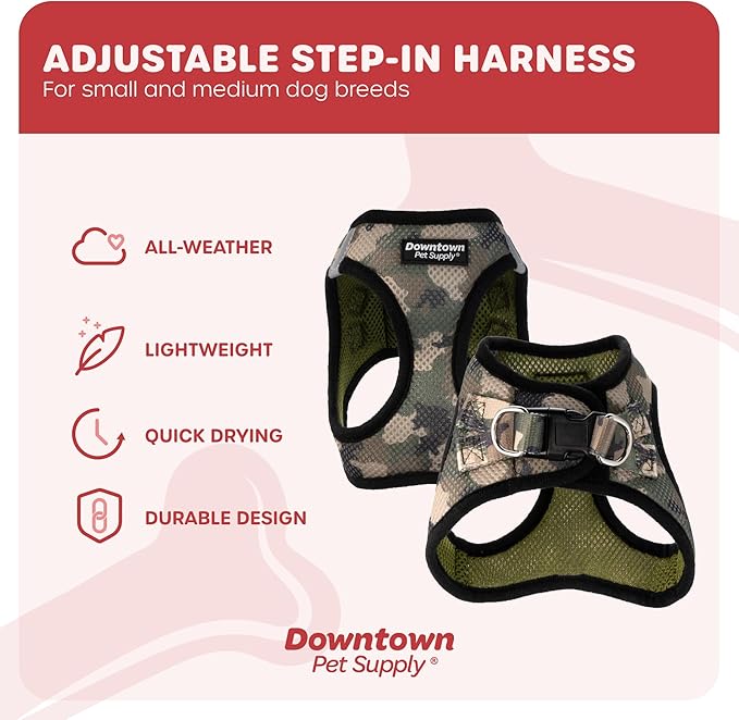 Downtown Pet Supply Step-in Dog Harness for Small Dogs - X-Small, Camo Green - Adjustable, No Pull, Reflective Trim, Padded Mesh Fabric, Buckle Strap