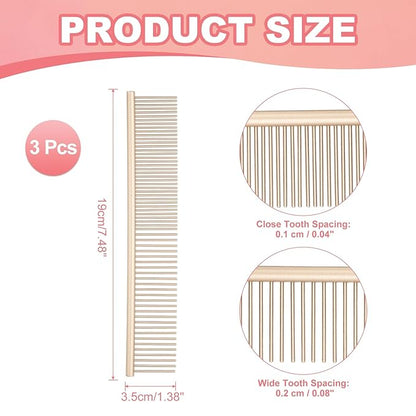PETAXCELL Dog Cat Comb, Pet Combs Stainless Steel Teeth with Rounded Ends for Knots Mats Loose Hair Removal, 7.5IN (Gold Coated, 3 Pack), Grooming Tool Intended for Long Curly Hair Pet