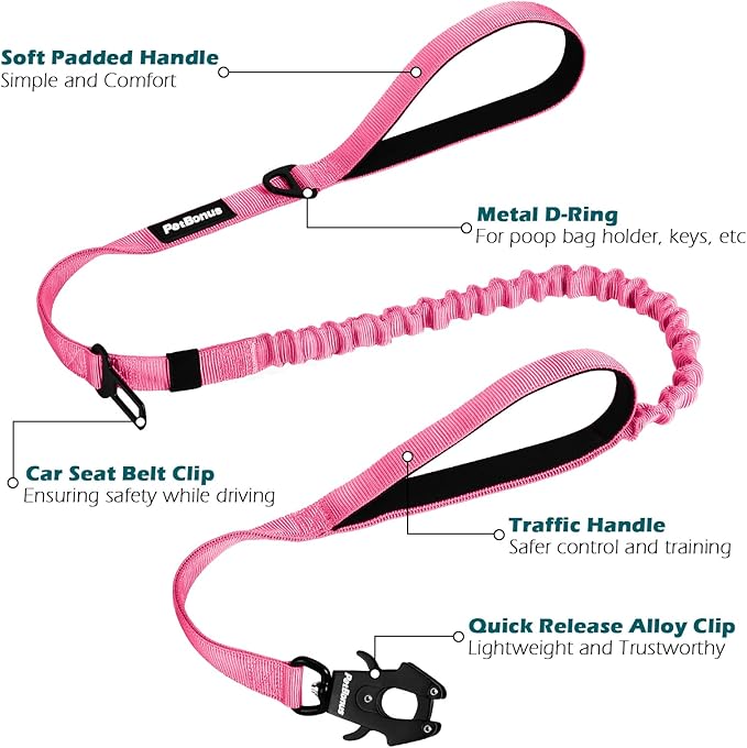 PetBonus Heavy Duty Tactical Dog Leash, 5 FT Bungee Shock Absorption Leash with 2 Padded Handles, Quick Release Metal Clip, Car Seatbelt, No Pull Training Lead for Large Medium Dogs（Pink）