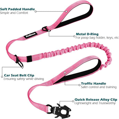 PetBonus Heavy Duty Tactical Dog Leash, 5 FT Bungee Shock Absorption Leash with 2 Padded Handles, Quick Release Metal Clip, Car Seatbelt, No Pull Training Lead for Large Medium Dogs（Pink）