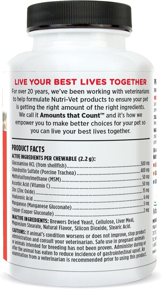 Nutri-Vet Hip & Joint Advanced Strength Dog Joint Supplement, Dog Glucosamine, Pet Supplements, Formulated with Glucosamine Chondroitin and MSM, Pet Supplies, Puppy Essentials, 90 Count