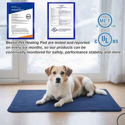 Bestio Cat Heating Pad, 22×18 in Heating Dog Bed Suitable for Medium and Small Pets, Adjustable Thermostat+Constant ON Function with Plush Cover - Blue