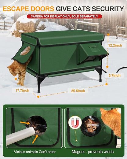 Heated Cat House for Outside,Dual Camera Mounts,100% Weatherproof & Extremely Insulated,Elevated Feral Cat Shelter with Escape Door,Waterproof Eaves for Outdoor Stray Barn Cat(Army Green,M)