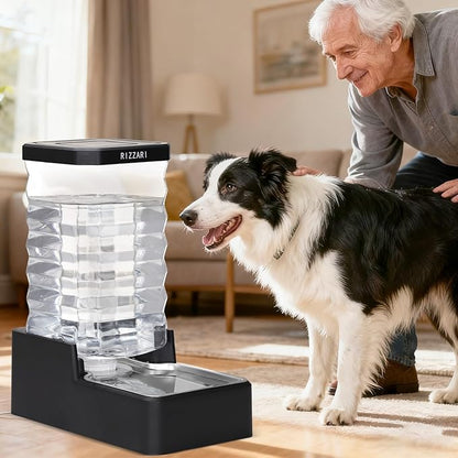 RIZZARI Stainless Steel Pet Waterer: 9L Black Gravity Fed Water Dispenser Leak-Proof for Senior Dogs Joint Care Home Owners - with Filter - Bedroom Garden Use