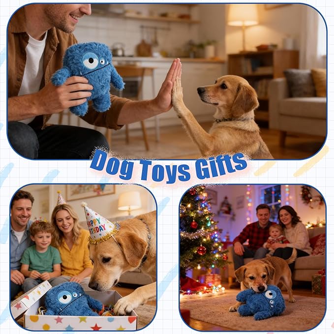 HUGEME Plush Squeaky Dog Toy, Crinkle Stuffed Dog Toy Keep Them Busy Tug of War Birthday Dog Chew Toy for Small Medium Large Dogs (Blue)