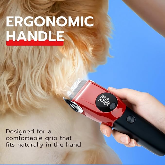 Mcbazel Dog Clippers Grooming Kit, Low Noise Rechargeable Cordless Adjustable Pet Hair Shaver Trimmers Set for Dogs, Cats and Other Pets - Red
