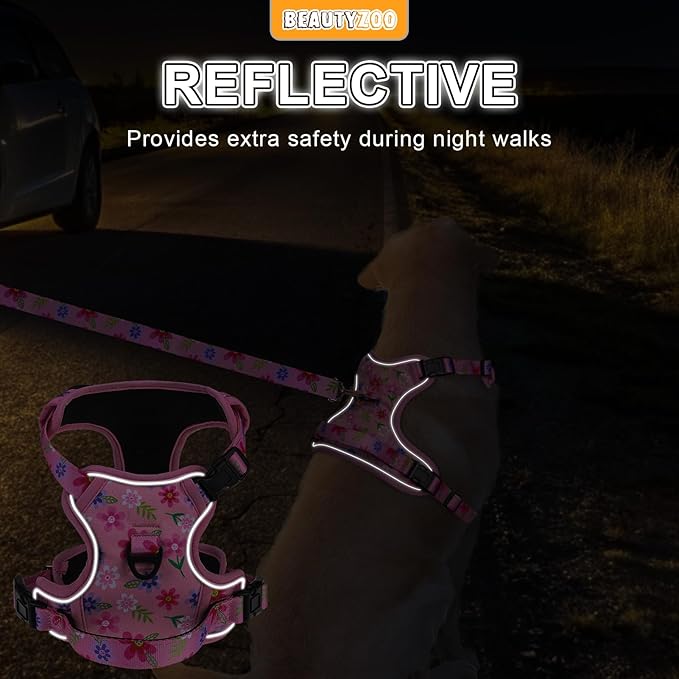 BEAUTYZOO No Pull Dog Harness and Leash Set with 2 Metal Leash Clips - Overhead-Free 3 Snap Buckles Design, Adjustable No-Choke Soft Padded Reflective Oxford Pet Vest for Small Medium Large Dogs, M