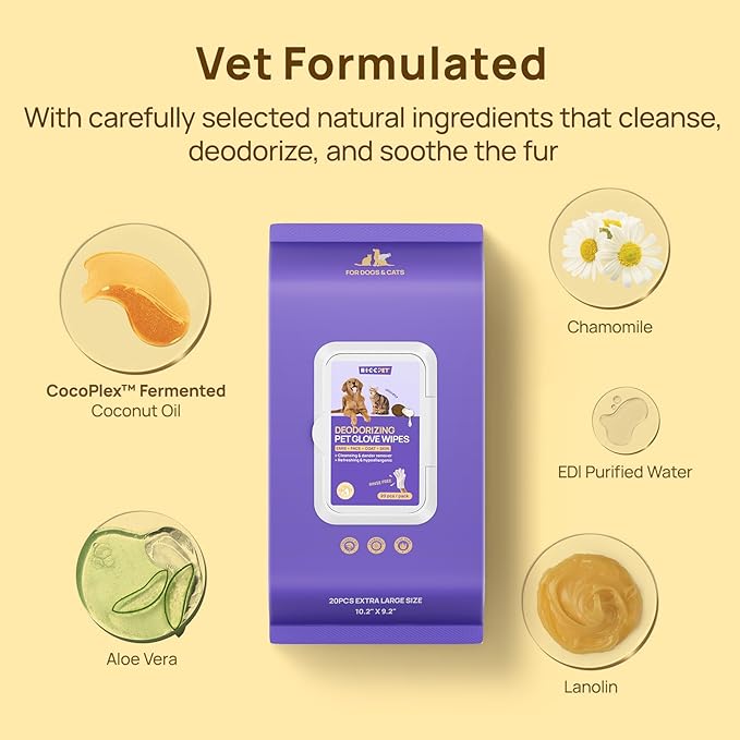 HICC PET Cleaning Deodorizing Glove Wipes for Dogs & Cats, Vet Recommended Hypoallergenic Hydrating & Nourish Fur Pet Grooming Glove Wipes, Pet Bathing Wipes for Horse Coat Care,20pcs Unscented