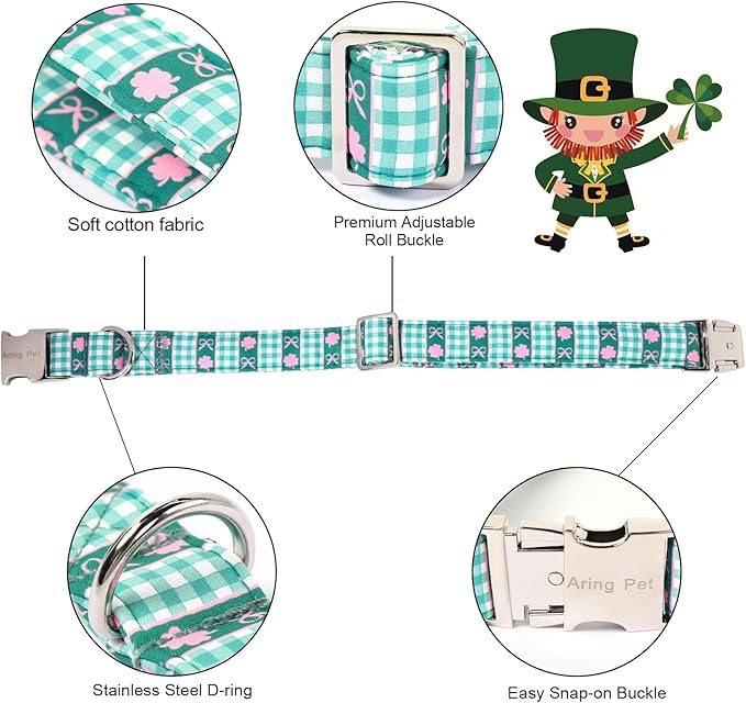 ARING PET St Patrick's Day Dog Collar, Cute Green Pet Shamrock Bowtie Collars with Metal Buckle for Puppy Small Medium Large Boy Girl Dogs-S