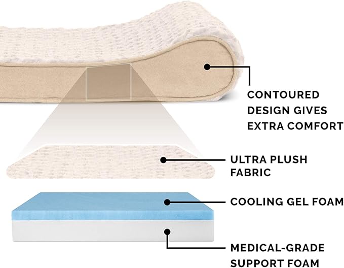 Furhaven Cooling Gel Dog Bed for Large/Medium Dogs w/ Removable Washable Cover, For Dogs Up to 38 lbs - Ultra Plush Faux Fur & Suede Luxe Lounger Contour Mattress - Cream, Large