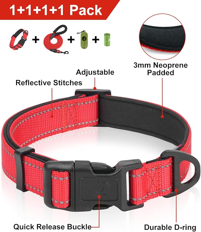 Dynmeow Reflective Dog Collar and Leash Set, 6FT Strong Climbing Rope Leash with Padded Handle, Adjustable Pet Collar with Soft Neoprene Padding for Large Dogs, Red, L