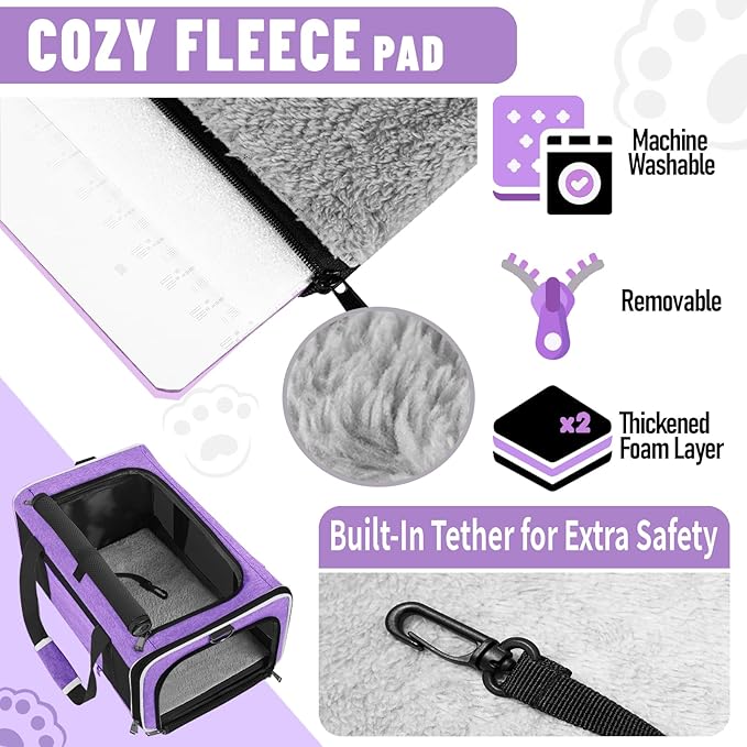 GAPZER Pet Carrier for Large Cat 20 lbs+ / Soft Sided Small Dog 12 Pounds Travel Crate Top Load/Collapsible Kitty Carry Bag Big Kitten Mesh/Sturdy Animal Transport cage Kennel Long Trips Purple