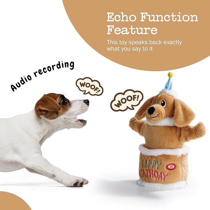 Fuzzwoof Birthday Cake Dog Toy, Singing and Dancing Birthday Songs, Interactive Dog Toys, Plush Stuffed Puppy Toys with Echo Function Feature, Happy Birthday Gift for Dogs
