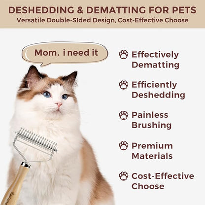 3-in-1 Professional Pet Shedding Dematting Comb - Deshedding Undercoat Rake for Dogs with Stainless Steel Blades Metal Pet Brush with Wood Handle Matted Hair Detangling Thinning and Shedding