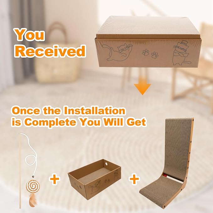 Goosheep L-Shaped Cat Scratcher 2-in1 Scratching Board for Indoor Cats Protecting Furniture Cardboard Box Scratch Pad with Ball Toy Cats Scratching Posts with Cat Teaser