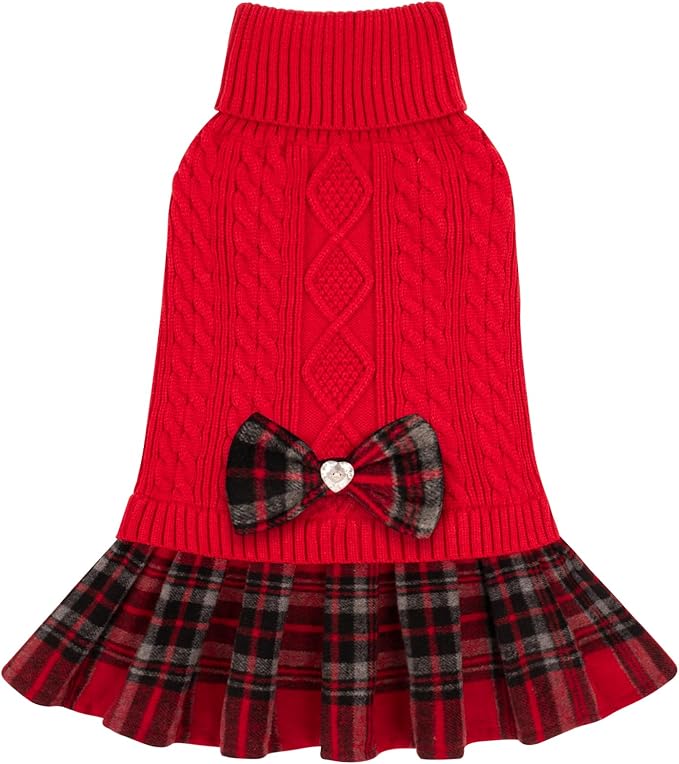 KYEESE Dog Sweater Stretchy Pullover Cat Sweaters Warm Turtleneck Dogs Clothes Thick Pet Coats with Bowtie Soft Dog Sweaters for Small Dogs Girl Comfy Knitwear Puppy Sweater Dress, Red, X-Small